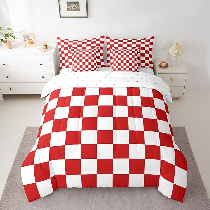 Feelyou Checkered Retro 7 Piece Bedding Set Teen Women Men Red White Plaid Comforter Set with Sheets Queen Size Kids Boys Geometric Vintage Bed in a Bag Modern Simple Groovy Aesthetic Room Decor