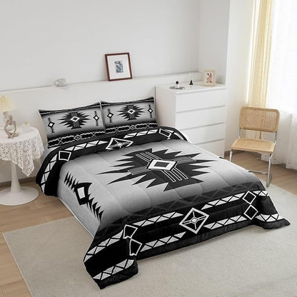 Southwest Comforter Set Full Size,Southwestern Aztec Bedding Set 3Pcs Vintage Tribal Geometric Pattern Quilt Set for Kids Teens Boys Adult Room Decor,White Grey Duvet Insert,2 Pillowcases