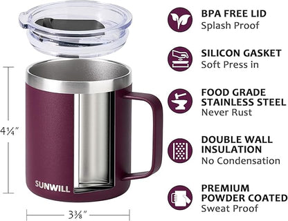 SUNWILL Travel Coffee Mug with Lid, Insulated Tumbler with Handle, 14 oz Stainless Steel Cup for Camping, Office, Home, Powder Coated Plum