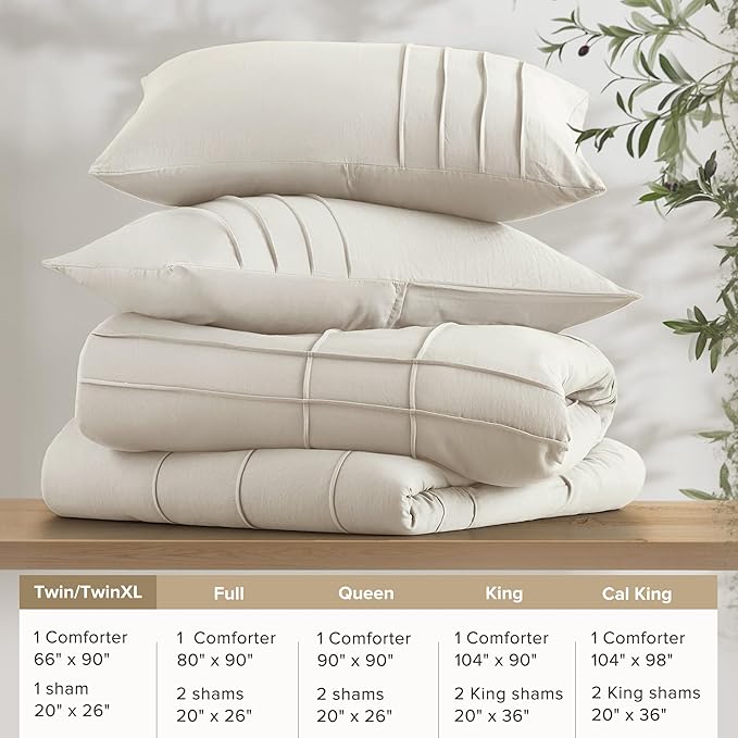 Comfort Spaces Cream Twin Size Comforter Set - 2 Pieces Pintuck Pleated Bedding Sets, All Season Lightweight, Extra Softness Pre-Washed Microfiber Bed Set, Shams, Twin/Twin XL