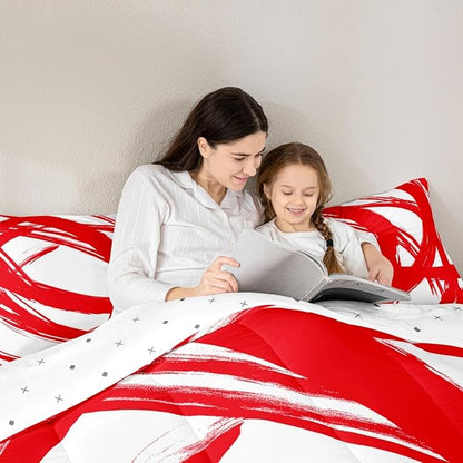 Red and White Striped Bedding Set Full Size for Adults Youth Teens,Contemporary Boho Modern Art Comforter Set,Graffiti Stripes Lines Quilt,Aesthetic Geometric Duvet Insert for Minimalists