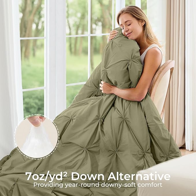 Sasttie California King Comforter Set, 7-Piece Bed in a Bag, Pintuck Bedding Sets for All Season, Includes Comforter, Flat Sheet, Fitted Sheet, Pillowcases and Pillowshams, Olive Green