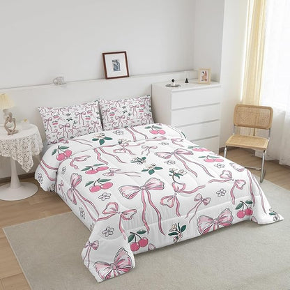 Feelyou Pink Girls Bow Comforter Set for Kids Boys Girls Kawaii Cherry Print Comforter Queen Size Cute Bowknot Bedding Set Bedroom Decor Floral Botanical Duvet Set Kawaii Quilt Set 3Pcs
