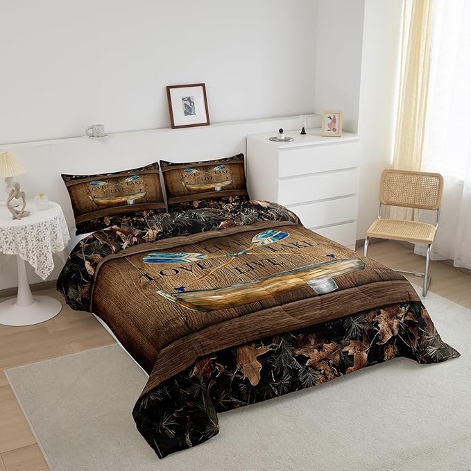 Erosebridal Lake House Comforter Set Toddler Lake Paddle Boat Bedding Set Gifts for Men Women Kids,Rustic Cabin Camo Bedding Comforter Sets Woodland Tree Branch Leaves Camouflage Bed Set 2 Pcs