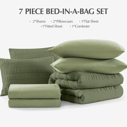 CASAAGUSTO King Size Comforter Set, 7 Pieces Olive Green Seersucker Bed in a Bag King Soft All Seasons, King Bedding Sets with Comforter, Flat Sheet, Fitted Sheet, 2 Pillow Shams, 2 Pillowcases