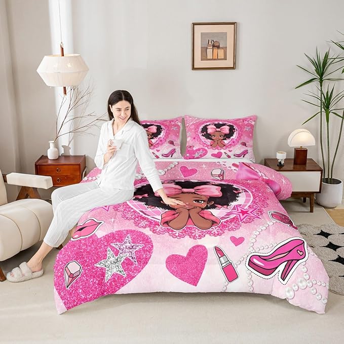 Manfei Black Princess Girly Comforter Set King Size,High-Heeled Shoes Lip Bowknot Diamond Bedding Set,Girls Women Room Decor,African American Girls Down Comforter,Pink Cute Duvet Insert,2 Pillowcases
