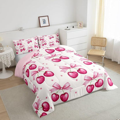 Feelyou Pink Girls Bow Bedding Set Boys Girls King Size Bow Comforter Set for Kids Women Men Ultra Soft Kawaii Cherry Prints Comforter Cute Bowknot Duvet Set Room Decor Lovely Quilt Set