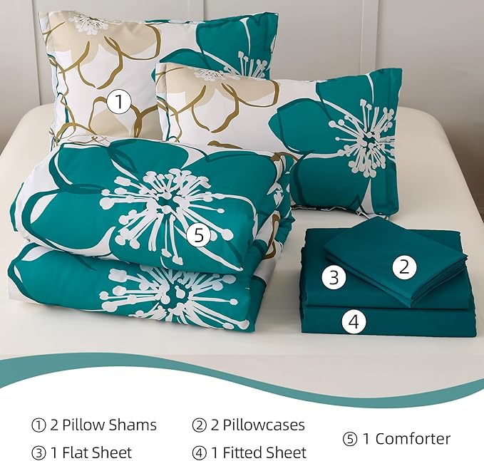Anibedding 7Pieces Teal Grey Floral Comforter Set Queen Size, Soft Microfiber Grey Blue Bed in a Bag Comforter Set with Sheets for All Season