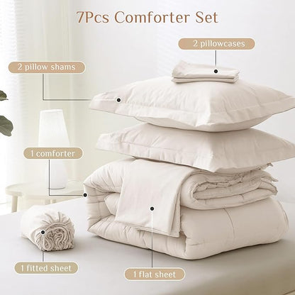 JOLLYVOGUE California King Comforter Set, Ultra-Soft Bed in a Bag Cal King Size 7 Pieces, Oeko-TEX Certified Bedding Set with Down Alternative Comforter, Sheets, Pillowcases & Shams, Beige
