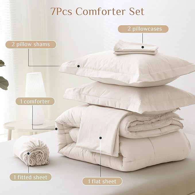 JOLLYVOGUE Queen Comforter Set, Ultra-Soft Bed in a Bag Queen Size 7 Pieces, Oeko-TEX Certified Bedding Set with Down Alternative Comforter, Sheets, Pillowcases & Shams, Beige