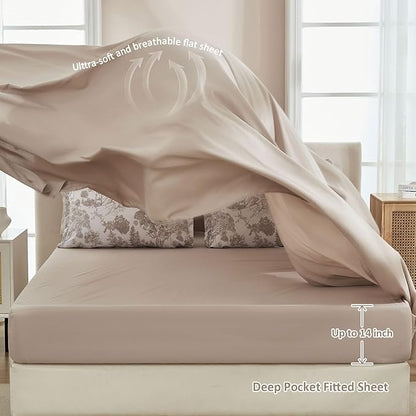 DJY Khaki Comforter Set California King Size,7 Pieces Bed in a Bag Botanical Comforters with Sheets Elegant Plants Print Soft Microfiber Reversible Complete Bedding Sets for All Season
