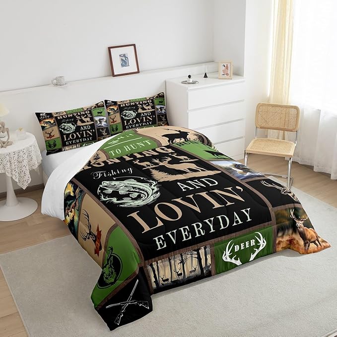Big Pike Fish Bedding Set Deer Comforter Set for Kids Teens Boys Fish Hunt Duvet Set Antlers Fish Fishing Rod Comforter 1 Comforter Set with 2 Pillowcases King Size Boys