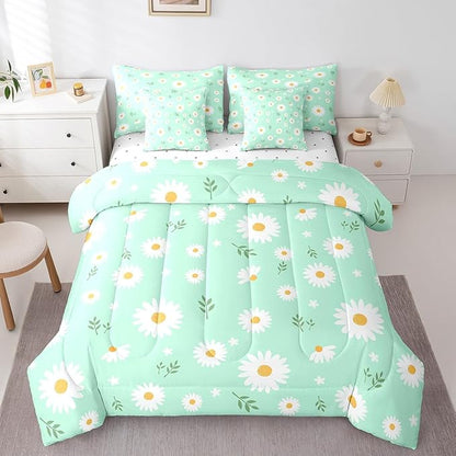 Feelyou Daisy Comforter Set with Sheets for Girls Boys Kids Queen Size Botanical Floral Printed 7 Piece Bedding Set Green Blossom Flowers Pattern Bed in a Bag Natural Theme Room Decor Breathable Soft