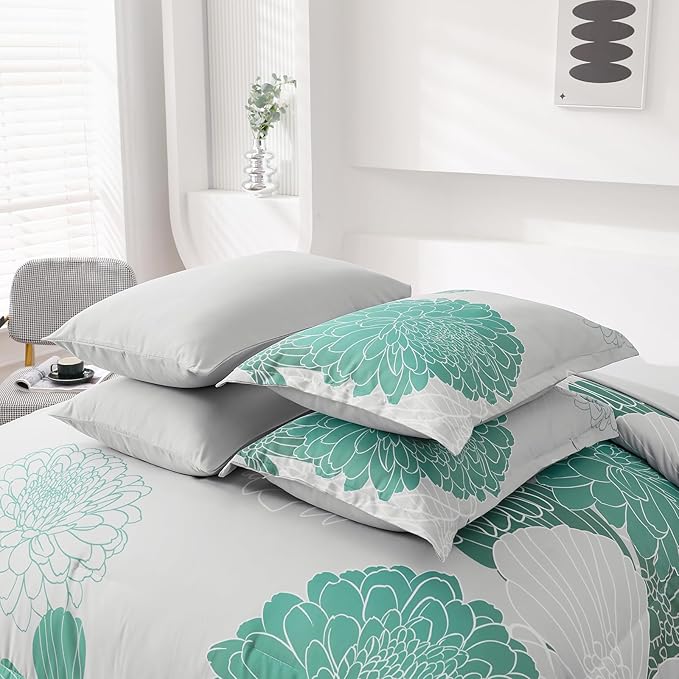 Yiran Grey Aqua Floral King Comforter Set Bed in a Bag Soft Microfiber Comforter Bedding Set 104"×90",7 Pieces (1 Comforter,2 Pillowcases,2 Pillow Shams,1 Flat Sheet,1 Fitted Sheet)