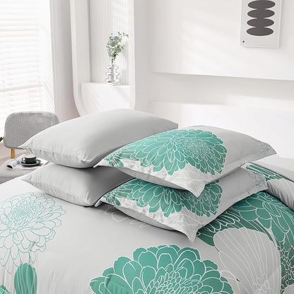 Yiran Grey Aqua Floral King Comforter Set Bed in a Bag Soft Microfiber Comforter Bedding Set 104"×90",7 Pieces (1 Comforter,2 Pillowcases,2 Pillow Shams,1 Flat Sheet,1 Fitted Sheet)