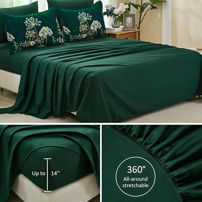 Yiran 7 Piece Comforter Set King Size, Dark Green Dandelion Floral Bedding Set, Botanical Bed in a Bag King, Soft Microfiber Complete Bedding Set with Comforter, Sheets, Pillowcases & Shams