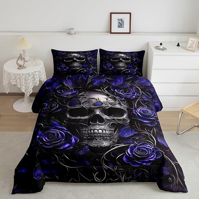 Erosebridal Gothic Skull Bedding Set for Adluts Kids Teens Halloween Goth Twin Comforter Set Vintage Victorian Romantic Navy Blue Rose Floral Quilt Spooky Skeleton Boho Horror Bedding,Gothic Decor