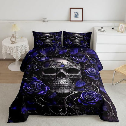 Erosebridal Gothic Skull Bedding Set for Adluts Kids Teens Halloween Goth Queen Comforter Set Vintage Victorian Romantic Navy Blue Rose Floral Quilt Spooky Skeleton Boho Horror Bedding,Gothic Decor