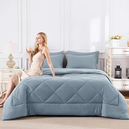 CozyLux Full Size Comforter Sets Dusty Blue - 7 Pieces Bed in a Bag Full, Luxury Soft Bed Set for All Seasons, Bedding Set with Down Alternative Comforter, Sheets, Pillowcases & Shams, Grayish Blue