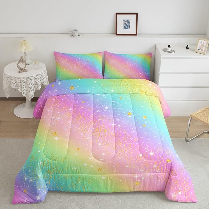 Feelyou Pink Rainbow Comforter Set Queen Size Glitter Galaxy Bedding Set for Kids Boys Girls Colorful Duvet Quilt Lovely Kids Rainbows Bedroom Decor Multicolor Microfiber 3 Pcs with 2 Pillow Cases