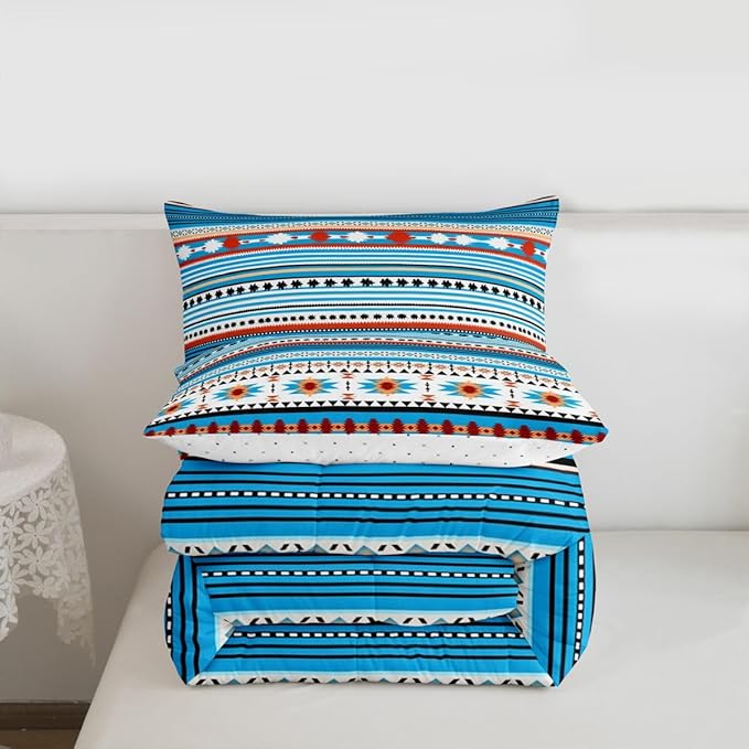 Erosebridal Southwestern Comforter Set Twin Boho Geometric Quilt, Tribal Arrow Bedding Set Western Duvet Insert, Country Room Decor Blue White