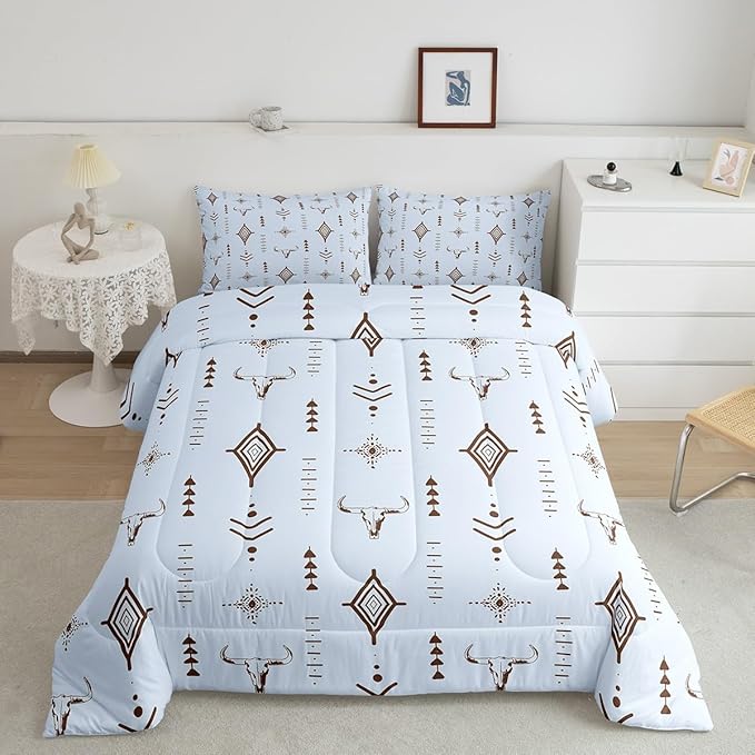 Feelyou Bull Skull Western Bedding Set Full Size Ethnic Horns Boho Comforter Kids Adult Tribal Symbol Mysterious Aztec Comforter Set Soft Microfiber