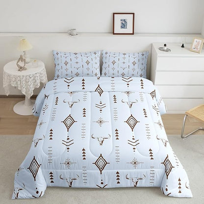 Feelyou Bull Skull Western Bedding Set King Size Ethnic Horns Boho Comforter Kids Adult Tribal Symbol Mysterious Aztec Comforter Set Soft Microfiber