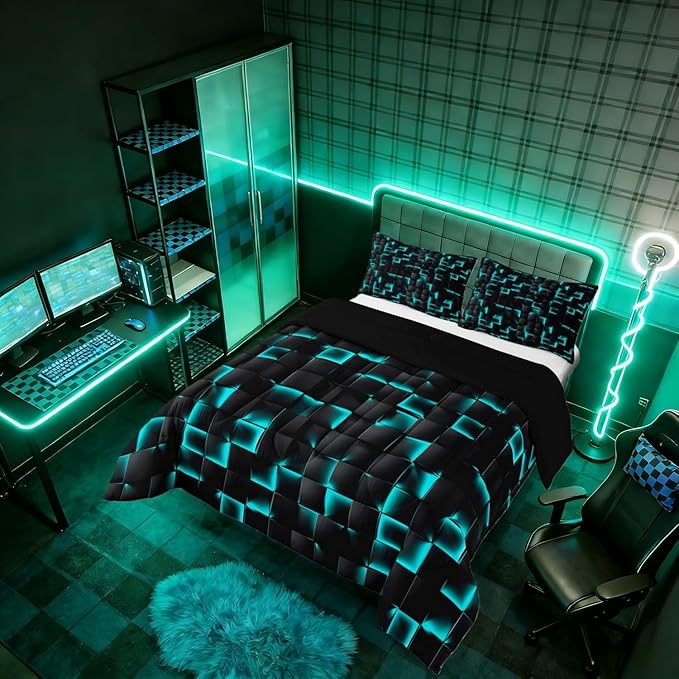 Erosebridal Neon Black Teal Boys Comforter Set Queen Geometric Checkered Turquoise Bedding Set for Kids Teen Men Gaming Room Decor,Abstract Ombre Plaid Comforter Grids Quilt Duvet