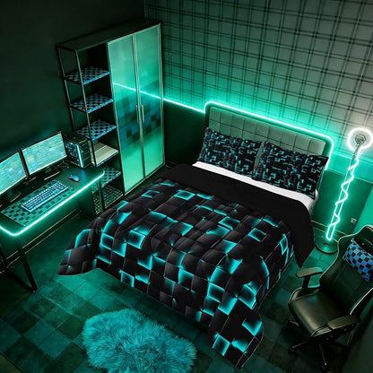 Erosebridal Neon Black Teal Boys Comforter Set Twin Geometric Checkered Turquoise Bedding Set for Kids Teen Men Gaming Room Decor,Abstract Ombre Plaid Comforter Grids Quilt Duvet