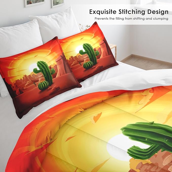 Comforter Set Full Size, Cactus Mountains Sun 3 Pcs Soft Bedding Set for Kids and Adults, Summer Sunset Plant Comforter Set with 2 Pillowcases, for Bedroom Bed Decor