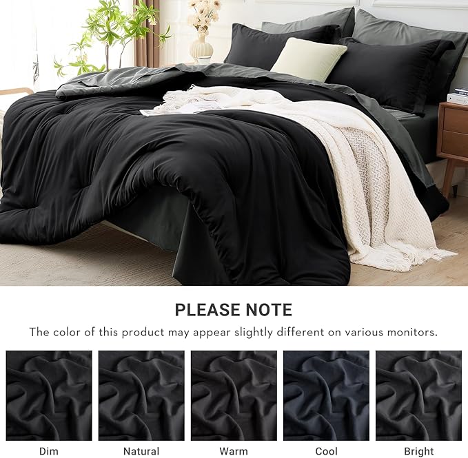 MUXHOMO 7 Pieces King Comforter Set, Soft Bed in a Bag King Size, All Season Bedding Set with Comforter, Flat Sheet, Fitted Sheet, Pillowcases & Shams, Black & Grey