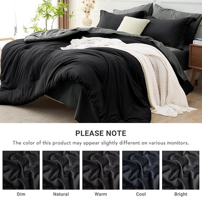 MUXHOMO 7 Pieces King Comforter Set, Soft Bed in a Bag King Size, All Season Bedding Set with Comforter, Flat Sheet, Fitted Sheet, Pillowcases & Shams, Black & Grey