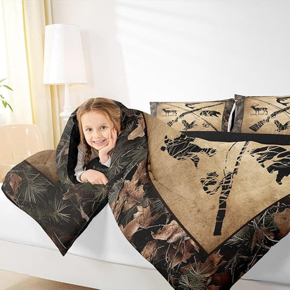 Erosebridal Hunting and Fishing Comforter Set Toddler Tree Branch Camo Bedding Set for Kids Boys Teen Men,Woodland Wildlife Bass Fish Duck Bear Deer Bed Comforter Set Rustic Farmhouse Cabin Quilt Set