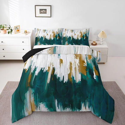 Erosebridal Teal Comforter Full Graffiti Ombre Bedding Set, Brush Strokes Oil Painting Down Comforter Modern Contemporary Bed Set, Chic Vintage Abstract Gradient Quilted Duvet 3 Pieces