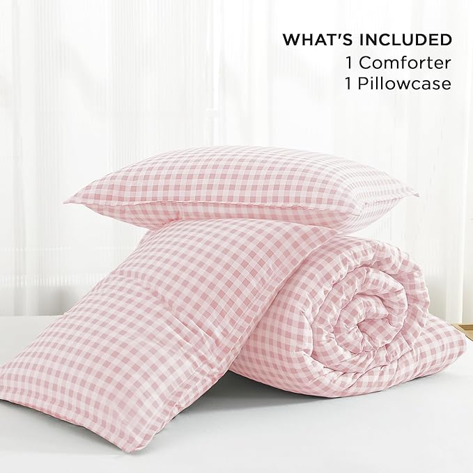 Andency Pink Gingham Comforter Set Twin(66x90Inch), Blush Checkered Grid Plaid Buffalo Bed Set for Girls Boys Kids Teens, 2 Pieces Lightweight Microfiber Geometric Preppy Bedding