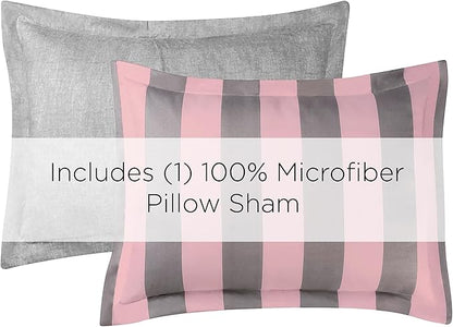 Juicy Couture Cabana Stripe Reversible Bedding Set - Twin/Twin XL Size - Pink and Grey Stripe Print - 5 Piece Set - Includes 1 66 x 90 Comforter, 3 Decorative Pillows, 1 Sham