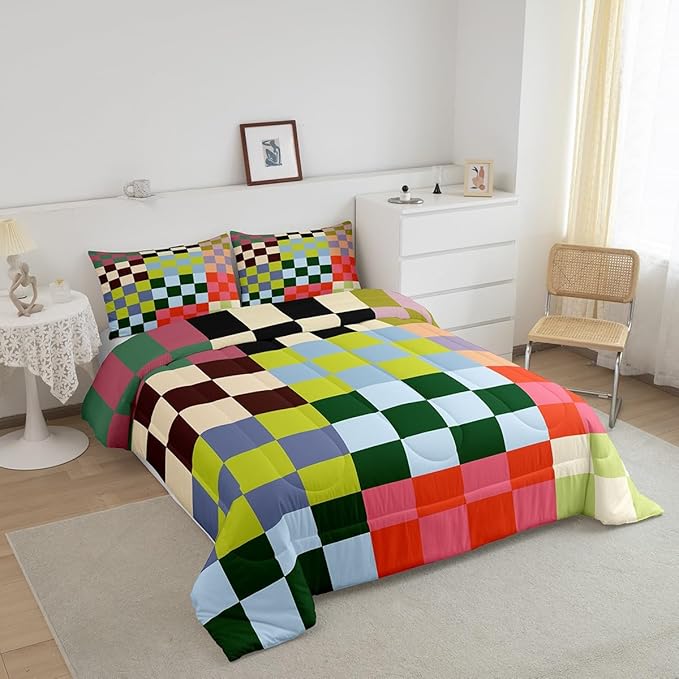 Feelyou Multicolored Checkered Retro Bedding Set Kids Boys Girls Geometric Vintage Comforter Set Queen Size Green Red Yellow Colorful Duvet Insert Modern Simple Groovy Aesthetic Room Decor