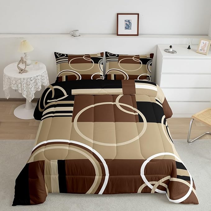 Modern Brown Grey Black Comforter Set King, Geometric Swirls Bedding Set for Boys Girls Kids, Circle Striped Down Comforter, Abstract Square Art Bedroom Decor Duvet Set with 2 Pillow Cases