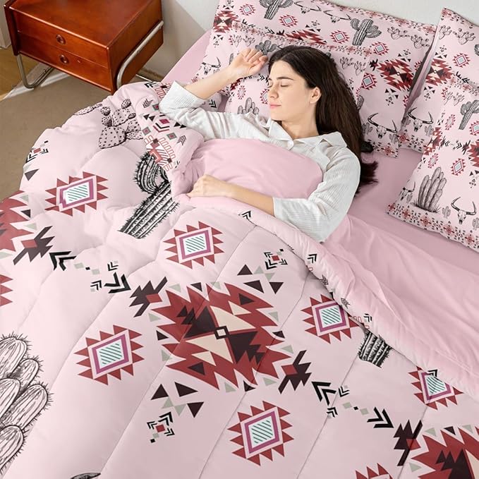 Erosebridal Pink Southwestern Full Comforter Set with Sheets 7 Piece Western Aztec Bed in A Bag Country Geometric Vintage Bedding Sets for Women Adults Rustic Cactus Bull Skull Boho Tribal Bed Set