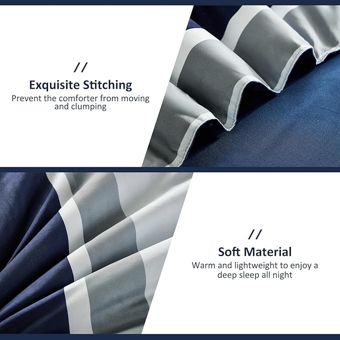 WONGS BEDDING Comforter California King Size, Navy Blue Striped Cal King Comforter Set, 7 Pieces Bed in a Bag Soft Bedding Set with Comforter, Flat Sheet, Fitted Sheet, Pillow Shams, Pillowcase