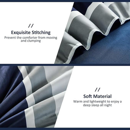 WONGS BEDDING Comforter Full Size, Navy Blue Bedding Comforter Set for Full Bed, Striped Bed in a Bag Full Size Comforter Sets for All Season 90"×78"