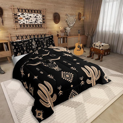 Erosebridal Boys Bull Skull Comforter Set King Size, Western Cowboy Bedding Set Vintage Southwestern Duvet Insert Bohemian Geometric Cactus Quilt Tribal Exotic Ethnic Bedroom Decor, Black Brown
