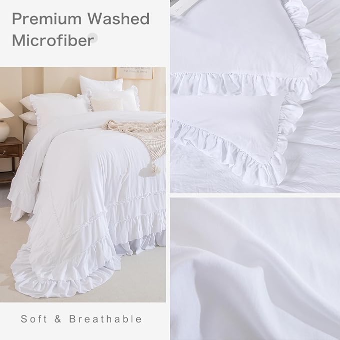 Masaca White Oversized King Comforter Set 120x120,Farmhouse Shabby Boho Chic Ruffle California King Bed Comforter Set French Country Rustic Bedding 3PCS (1 Ruffled Comforter+2 Pillow Shams)