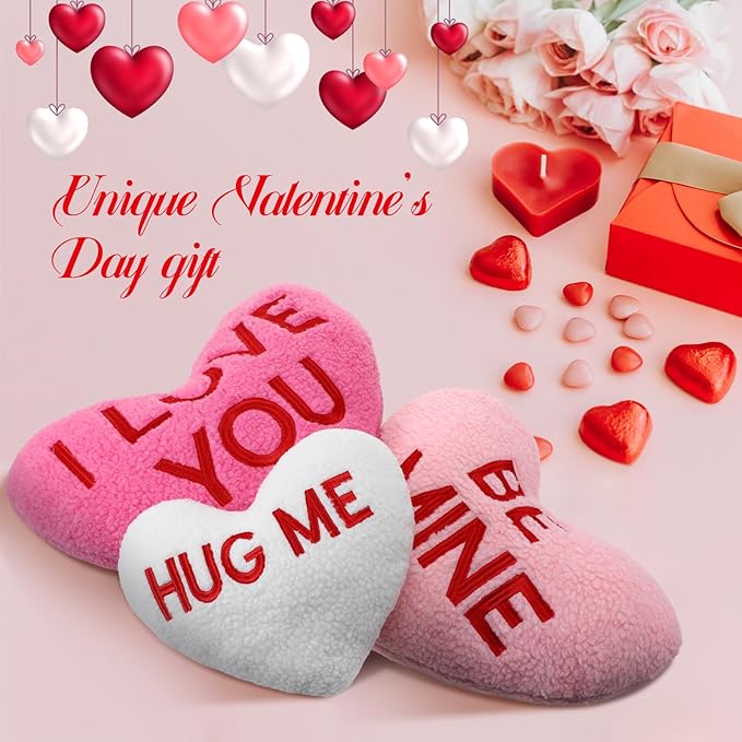 3 Pieces Sherpa Valentine‘s Day Heart Shaped Decorative Throw Pillow Red Pink Fluffy Love Decorative Cute Throw Pillows Aesthetic Coquette Room Decor for Gift Bed Sofa Couch (Printed Heart)