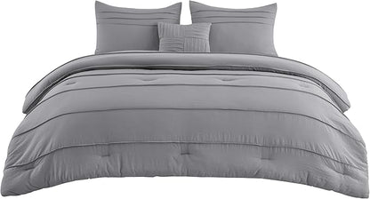 Bedsure Queen Comforter Set - 4 Pieces Pinch Pleat Bed Set, Grey Boho Bedding for All Season, 1 Soft Comforter, 2 Pillowcases, 1 Decorative Pillow