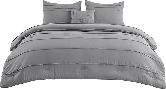 Bedsure Full Comforter Set - 4 Pieces Pinch Pleat Bed Set, Grey Boho Bedding for All Season, 1 Soft Comforter, 2 Pillowcases, 1 Decorative Pillow