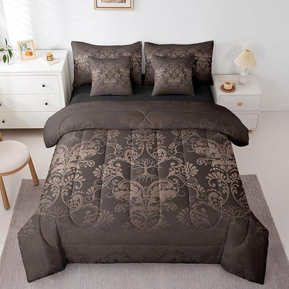 Erosebridal Gothic Damask Bed in a Bag King Size Comforter Set 7 Pieces,Sun Moon Tree of Life Bedding Sets Black Brown Victorian Floral Goth Sheet Set with Comforter