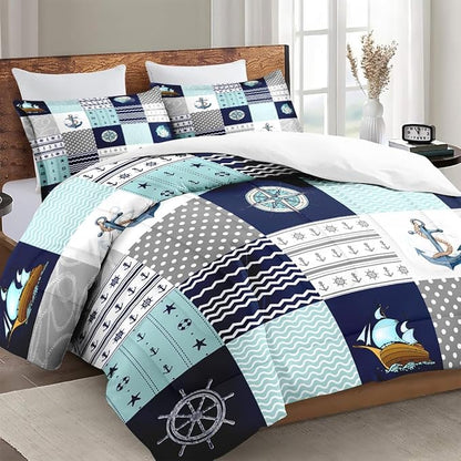 Queen Size Comforter Set with 2 Pillowcases, Nautical Blue Marine Summer 3 Pcs Bedding for Kids and Adults, Sea Ocean Boat Plaid Soft Comforter Set for Bedroom Bed Decor