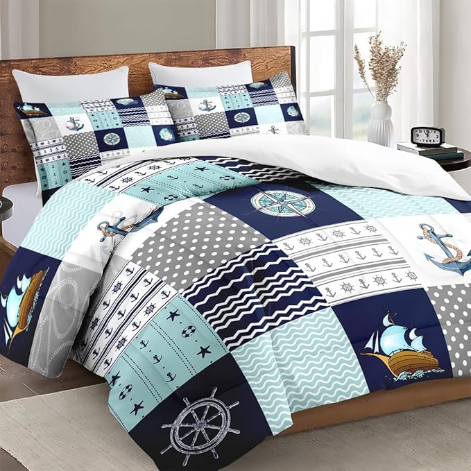 Twin Size Comforter Set with Pillowcase, Nautical Blue Marine Summer 2 Pcs Bedding for Kids and Adults, Sea Ocean Boat Plaid Soft Comforter Set for Bedroom Bed Decor
