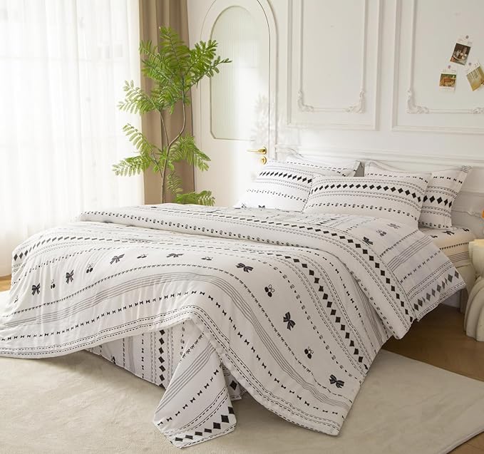 SDY 7PCS Bow Floral,Cherry Comforter and Sheet Set Queen Size，Boho Print Pattern Bedding Sets Includes 1*Comforter,1* Flat Sheet, 1*Fitted Sheet,2*Pillowcases and 2*PillowcaseShams